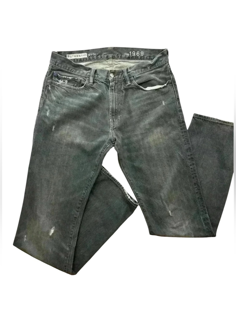 Gap 1969 Authentic Fade Black Distress 100% Cotton Slim Straight Jean Size 32/34